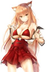 Rule 34 | 1girl, animal ear fluff, animal ears, bare shoulders, bikini, bikini top only, blouse, breasts, cleavage, cowboy shot, fate (series), fox ears, fox tail, front-tie top, hakama, hakama skirt, halterneck, japanese clothes, large breasts, long hair, looking at viewer, orange hair, pom pom (clothes), red bikini, red skirt, sash, shirt, skirt, smile, solo, standing, suien, suzuka gozen (fate), swimsuit, tail, teeth, underwear, white shirt, yellow eyes