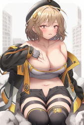 Rule 34 | &lt;|&gt; &lt;|&gt;, 1girl, absurdres, ahoge, anis (nikke), bare shoulders, beret, black hat, black jacket, black shorts, black thighhighs, blonde hair, blush, breasts, cat hair ornament, cleavage, collarbone, commentary, cowboy shot, crop top, fingerless gloves, gloves, goddess of victory: nikke, grey gloves, grey shirt, hair between eyes, hair ornament, hand on own chest, hat, highres, jacket, large breasts, long sleeves, looking at viewer, midriff, navel, off shoulder, open fly, open mouth, outdoors, shadow, shirt, short hair, short shorts, shorts, sidelocks, sitting, skindentation, solo, thigh strap, thighhighs, zhaofeng yinyue