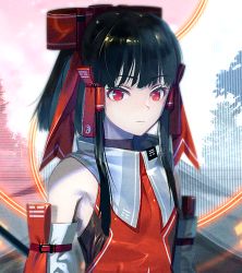 Rule 34 | 1girl, adapted costume, bare shoulders, black hair, black legwear, bow, close-up, commentary, detached sleeves, dress, female focus, gohei, hair bow, hair tubes, hakurei reimu, long sleeves, looking at viewer, outdoors, red bow, red dress, red eyes, short hair with long locks, sidelocks, solo, standing, torii, touhou, upper body, zounose