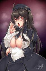 Rule 34 | 1girl, ahoge, areola slip, azur lane, beret, blush, breasts, brown hair, character name, cleavage, clothes writing, commentary request, dated, earrings, elis 120%, fellatio gesture, fingernails, glasses, hair between eyes, hat, heavy breathing, highres, jewelry, large breasts, london (azur lane), london (retrofit) (azur lane), long hair, long sleeves, looking at viewer, necktie, open clothes, open mouth, red eyes, retrofit (azur lane), saliva, saliva trail, semi-rimless eyewear, signature, solo, tongue, tongue out, two side up, under-rim eyewear, very long hair