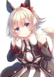 Rule 34 | 1girl, absurdres, animal ears, bare shoulders, black jacket, blush, bow, breasts, closed mouth, collarbone, collared dress, curren chan (umamusume), dress, ear bow, gloves, hair between eyes, hands up, highres, horse ears, horse girl, horse tail, jacket, kanzakietc, large breasts, leaning forward, looking at viewer, off-shoulder jacket, off shoulder, purple eyes, red bow, simple background, smile, solo, striped clothes, striped dress, tail, umamusume, vertical-striped clothes, vertical-striped dress, white background, white dress, white gloves, white hair