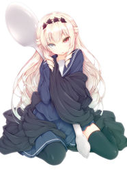 Rule 34 | 1girl, black flower, black rose, black thighhighs, blonde hair, blue eyes, character request, clothes, drill hair, flower, hairband, heterochromia, hug, kisei kanojo sana, long hair, luna lia, oversized object, parted lips, rose, sidelocks, simple background, solo, spoon, thighhighs, white background