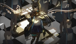 Rule 34 | 2021, 6+girls, absurdres, amiya (arknights), animal ears, arknights, artist name, ascot, black jacket, black legwear, blue skirt, bow (music), clone, closed eyes, commentary, english text, highres, holding, holding bow (music), instrument, jacket, jewelry, loftcat, multiple girls, multiple rings, music, musical note, open clothes, open jacket, pantyhose, playing instrument, pleated skirt, rabbit ears, ring, shirt, skirt, thigh strap, violin, white shirt