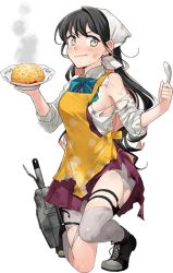 Rule 34 | 10s, 1girl, apron, black hair, blouse, boots, bow, bowtie, cross-laced footwear, dress, fang, fujikawa, full body, grey pantyhose, hair ribbon, headdress, kantai collection, kneeling, lace-up boots, lowres, multicolored hair, naganami (kancolle), official art, on one knee, pantyhose, pink hair, ribbon, rice, shirt, sleeveless, sleeveless dress, sleeves rolled up, solo, spoon, thigh strap, torn clothes, torn pantyhose, transparent background, two-tone hair, wavy hair, wavy mouth, white shirt, yellow eyes