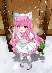 Rule 34 | 1girl, absurdres, akemithekitten, animal ears, boots, cat ears, cat girl, cat tail, cellphone, child, fang, flesh fang, heterochromia, highres, holding, holding cellphone, holding money, holding phone, lolita fashion, long hair, money, nekomata, outdoors, pantyhose, phone, pink hair, snow, snowing, solo, standing, tail
