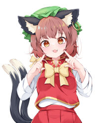 Rule 34 | 1girl, animal ears, blush, cat ears, cat tail, chen, earrings, fang, green hat, hat, jewelry, long sleeves, mob cap, multiple tails, open mouth, pleated skirt, red skirt, red vest, rururiaru, shirt, simple background, single earring, skirt, smile, solo, tail, touhou, two tails, vest, white background, white shirt