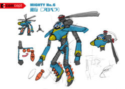 Rule 34 | aircraft, aviator (mighty no. 9), character sheet, concept art, helicopter, kimoto takenori, mighty no. 9, missile, no humans, non-humanoid robot, partially colored, robot, solo, white background