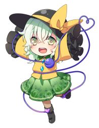Rule 34 | 1girl, black hat, boots, bow, floral print, frilled sleeves, frills, green eyes, green hair, green skirt, hands in opposite sleeves, hat, hat bow, hat ribbon, heart, heart-shaped pupils, komeiji koishi, matching hair/eyes, mise yuzuki, open mouth, ribbon, shirt, simple background, skirt, sleeves past wrists, smile, solo, symbol-shaped pupils, third eye, touhou, white background, wide sleeves, yellow bow, yellow ribbon, yellow shirt
