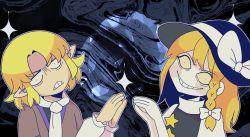 Rule 34 | 2girls, abstract background, arm warmers, black shirt, blonde hair, blue headwear, bow, braid, brown jacket, clenched teeth, colored sclera, commentary request, cookie (touhou), dot pupils, grin, hat, hat bow, head tilt, hita (hizokuseikogeki), jacket, joker (cookie), kirisame marisa, long hair, looking at viewer, mizuhashi parsee, multiple girls, own hands together, parody, parted bangs, pointy ears, shirt, short hair, side braid, single braid, smile, star (symbol), suzu (cookie), teeth, tophamhat-kyo, touhou, upper body, white bow, witch hat, yellow sclera