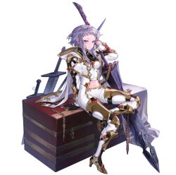 Rule 34 | 1girl, arm armor, armor, artist request, black collar, black footwear, black straps, box, collar, final gear, hand on box, holding, holding sword, holding weapon, hood, hooded jacket, jacket, knee pads, leg armor, long sidelocks, midriff, navel, official art, open clothes, open jacket, pants, purple eyes, short hair, shoulder armor, sidelocks, simple background, solo, striped clothes, striped pants, sword, tachi-e, third-party source, two-tone footwear, two-tone hood, vertical-striped clothes, vertical-striped pants, weapon, white background, white hood, white jacket, white pants, white sleeves, zero (final gear)