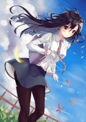Rule 34 | 1girl, absurdres, artist name, bag, black hair, black pantyhose, blue skirt, blush, brown eyes, closed mouth, clothes lift, cloud, cloudy sky, collared shirt, day, dutch angle, earbuds, earphones, flower, frown, grass, hair between eyes, highres, holding, holding bag, long hair, looking at viewer, midriff peek, necktie, original, outdoors, pantyhose, petals, ren (gh), shirt, shoulder bag, skirt, skirt lift, sky, solo, standing, striped necktie, striped neckwear, thighband pantyhose, tie clip, uniform, white shirt, wind, wind lift
