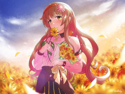 Rule 34 | 1girl, arthur ko, black skirt, blush, brown hair, closed mouth, commission, field, flower, flower field, helena (kancolle), holding, holding flower, juliet sleeves, kantai collection, long hair, long sleeves, military, military uniform, neck ribbon, petals, pixiv commission, puffy sleeves, ribbon, skirt, smile, solo, twitter username, uniform, yellow eyes, yellow flower, yellow ribbon