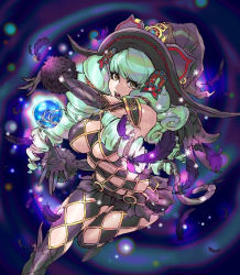 Rule 34 | 1girl, argyle, argyle clothes, argyle cutout, argyle legwear, black gloves, breasts, clothing cutout, drill hair, elbow gloves, feathers, fiore brunelli, gloves, green hair, hair ornament, hat, large breasts, lipstick, long hair, magic, makeup, nishimura kinu, official art, orb, revealing clothes, solo, star ocean, star ocean integrity and faithlessness, tail, twin drills, witch hat, yasuda akira, yellow eyes