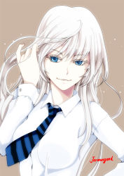 Rule 34 | 1girl, blue eyes, breasts, closed mouth, commentary request, ivuki, jormungand (manga), koko hekmatyar, long hair, looking at viewer, medium breasts, necktie, parted lips, simple background, smile, solo, upper body, white hair