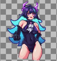 Rule 34 | 1girl, bare shoulders, bodysuit, breasts, collarbone, copyright request, depmin, gem, horns, large breasts, long hair, open mouth, pixel art, purple bodysuit, purple eyes, purple hair, simple background, solo, thighhighs, very long hair