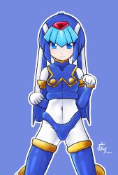 Rule 34 | 1girl, android, artist name, blue background, blue eyes, blush, boots, breasts, closed mouth, covered navel, crop top, feet out of frame, gloves, helmet, highres, kneeling, kugi530, fairy leviathan (mega man), looking at viewer, mega man (series), mega man zero (series), paw pose, robot, robot girl, simple background, small breasts, smile, solo, thigh boots, thighhighs, white gloves