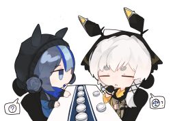 Rule 34 | 2girls, :o, ?, animal ears, animal hat, arknights, bandana, beanie, black gloves, black headwear, blue eyes, blue hair, blue jacket, brown shirt, chibi, closed eyes, commentary request, fake animal ears, food in mouth, glaucus (arknights), gloves, grey hair, hat, highres, jacket, long sleeves, multicolored hair, multiple girls, parted lips, shirt, shixietianhen, short eyebrows, simple background, single glove, sleeves past wrists, spoken question mark, thick eyebrows, two-tone hair, upper body, weedy (arknights), white background, white hair