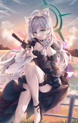 Rule 34 | 1girl, absurdres, animal ears, aqua eyes, blue archive, breasts, bright pupils, cleavage, grey hair, highres, large breasts, long hair, looking at viewer, norimori, shiroko (blue archive), shiroko terror (blue archive), solo, white pupils