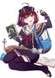 Rule 34 | + +, 1girl, :d, ahoge, alternate costume, atelier (series), atelier sophie, backpack, bag, belt pouch, black bow, black dress, black thighhighs, bob cut, book, bookmark, bow, breasts, brown eyes, brown hair, crystal, dress, erlenmeyer flask, female focus, flask, frilled thighhighs, frills, full body, glint, gloves, hair bow, hand up, happy, highres, holding, holding book, jewelry, lace-trimmed bow, lace trim, liquid, looking at viewer, marble (toy), matching hair/eyes, medium breasts, necklace, open book, open mouth, partially fingerless gloves, plachta, pom pom (clothes), pouch, red ribbon, ribbon, ribbon trim, ryuuno6, scroll, short dress, short hair, short sleeves, simple background, sitting, smile, solo, sophie neuenmuller, tassel, thighhighs, wariza, white background, wide sleeves