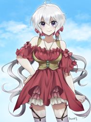 Rule 34 | 10s, 1girl, ahoge, bare shoulders, cloud, cowboy shot, day, dress, garter straps, hair between eyes, jewelry, long hair, looking at viewer, mo253, necklace, purple eyes, red dress, senki zesshou symphogear, silver hair, smile, solo, thighhighs, twintails, very long hair, yukine chris