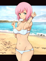 Rule 34 | 1girl, beach, blush, breasts, cleavage, closed mouth, day, estellise sidos heurassein, green eyes, kiikii (kitsukedokoro), looking at viewer, medium breasts, navel, pink hair, short hair, smile, solo, swimsuit, tales of (series), tales of vesperia