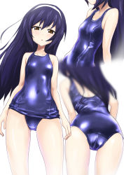 Rule 34 | 10s, 1girl, :o, arms at sides, ass, bare arms, bare shoulders, bent over, blue hair, blue one-piece swimsuit, blurry, blush, brown eyes, collarbone, depth of field, expressionless, foreshortening, from behind, from side, gin&#039;you haru, girls und panzer, gluteal fold, hairband, head out of frame, head tilt, highres, long hair, looking at viewer, multiple views, one-piece swimsuit, open mouth, reizei mako, school swimsuit, shiny clothes, skin tight, swimsuit, upper body, very long hair, white hairband