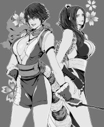 Rule 34 | 2girls, alternate costume, arm guards, breasts, cleavage, fatal fury, folding fan, greyscale, grin, hand fan, hand on own hip, highres, large breasts, legs, long hair, monochrome, multiple girls, ninja, open mouth, osakana e, ponytail, revealing clothes, scarf, shiranui mai, short hair, smile, snk