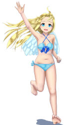 Rule 34 | 1girl, barefoot, bikini, blonde hair, blue bikini, blue eyes, breasts, commentary request, filo (tate no yuusha no nariagari), highres, long hair, momoreport, running, simple background, small breasts, smile, solo, swimsuit, tate no yuusha no nariagari, white background, wings