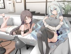 Rule 34 | 2girls, arm strap, bare shoulders, barefoot, black choker, black hair, black legwear, blue eyes, brown shirt, choker, closed mouth, clothing cutout, couch, detached sleeves, dress, hairband, highres, icomochi, lamp, lampshade, legband, legs up, long hair, long sleeves, looking at viewer, lying, multiple girls, no shoes, hugging object, on couch, on stomach, original, pillow, pillow hug, shirt, short shorts, shorts, side cutout, silver hair, sleeveless, sleeveless shirt, smile, spaghetti strap, thighhighs, thighs, very long hair, white dress, white shorts, window, yellow eyes
