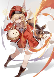 Rule 34 | 1girl, :d, absurdres, ahoge, backpack, bag, bag charm, boots, brown footwear, brown gloves, brown scarf, cabbie hat, carrying, charm (object), child, clover print, coat, dodoco (genshin impact), fire, genshin impact, gloves, hair between eyes, hat, hat feather, hat ornament, highres, hui wuya, jumpy dumpty, klee (genshin impact), knee boots, kneehighs, light brown hair, long hair, long sleeves, looking at viewer, open mouth, orange eyes, pointy ears, randoseru, red coat, red hat, scarf, sidelocks, simple background, smile, socks, solo, white background