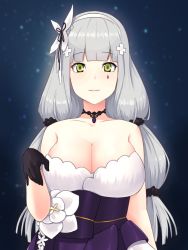 Rule 34 | 1girl, blush, breasts, cleavage, closed mouth, dress, facial mark, girls&#039; frontline, gloves, green eyes, hair ornament, hk416 (girls&#039; frontline), hk416 (starry cocoon) (girls&#039; frontline), huge breasts, krs (karasu), long hair, looking at viewer, official alternate costume, silver hair, solo, teardrop, very long hair