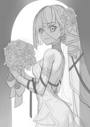 Rule 34 | 1girl, absurdres, alternate hair length, alternate hairstyle, backless dress, backless outfit, bouquet, breasts, dress, elbow gloves, flower, from side, gloves, greyscale, highres, holding, holding bouquet, hololive, hololive indonesia, kureiji ollie, looking at viewer, mismatched pupils, mk (lazymk), monochrome, patchwork skin, rose, small breasts, smile, solo, stitched face, stitches, strapless, strapless dress, unfinished, upper body, veil, virtual youtuber, zombie