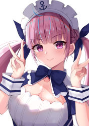 Rule 34 | 1girl, ahoge, blue ribbon, bow, bowtie, braid, breasts, cleavage, commentary request, double v, french braid, hair ribbon, hands up, hololive, large breasts, lav, looking at viewer, maid, maid headdress, mikoto paint, minato aqua, minato aqua (1st costume), multicolored hair, pink eyes, pink hair, ribbon, sidelocks, smile, solo, streaked hair, twintails, upper body, v, virtual youtuber, wrist cuffs