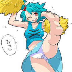 Rule 34 | 1girl, alternate hairstyle, aono3, bare shoulders, barefoot, blue hair, cameltoe, cheerleader, highres, jumping, midriff, navel, one eye closed, open mouth, panties, pom pom (cheerleading), red eyes, simple background, skirt, smile, solo, speech bubble, tatara kogasa, thighs, touhou, underwear, white background, white panties