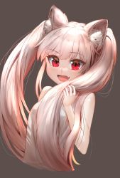 Rule 34 | :d, animal ear fluff, animal ears, bare arms, bare shoulders, braco, brown background, dress, fang, happy, highres, long hair, looking at viewer, nanaha rui, nightgown, open mouth, pink hair, red eyes, skin fang, smile, solo, twintails, upper body, virtual youtuber, wactor production, white dress