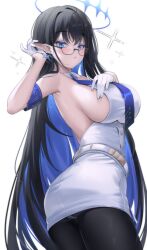 Rule 34 | 1girl, armband, black hair, black pantyhose, blue archive, blue armband, blue hair, blue necktie, breasts, colored inner hair, commentary request, giga-tera, glasses, gloves, halo, large breasts, long hair, multicolored hair, necktie, panties, panties under pantyhose, panty peek, pantyhose, rin (blue archive), semi-rimless eyewear, sideboob, sideless shirt, skirt, solo, straight hair, twisted torso, two-tone hair, under-rim eyewear, underwear, very long hair, white gloves, white panties, white skirt