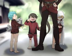 Rule 34 | 10s, 4boys, aged down, barefoot, black hair, blanket, blonde hair, blood, blue eyes, blue hair, blurry, child, closed eyes, crying, depth of field, fish, flying teardrops, grin, hands on own hips, head out of frame, height difference, horikawa kunihiro, izumi-no-kami kanesada, long hair, male focus, multiple boys, out of frame, porch, scrape, short hair, shorts, smile, soul (tamashii), touken ranbu, track suit, very long hair, wet, wet clothes, yamabushi kunihiro, yamanbagiri kunihiro