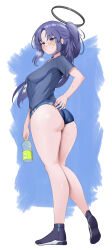 Rule 34 | 1girl, absurdres, adjusting buruma, adjusting clothes, ass, black footwear, blue archive, blue buruma, blue eyes, blue shirt, blush, bottle, breasts, buruma, commentary request, from behind, full body, gym shirt, gym uniform, halo, highres, holding, holding bottle, id card, lanyard, long hair, looking at viewer, looking back, medium breasts, official alternate costume, pang (daty8882), purple hair, shirt, shoes, short sleeves, sneakers, solo, sportswear, standing, star sticker, sticker on face, sweat, water bottle, yuuka (blue archive), yuuka (track) (blue archive)