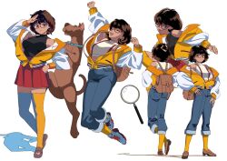 Rule 34 | 1girl, blue eyes, blue pants, blunt bangs, brown footwear, brown hair, capri pants, colored shadow, denim, dog, edoya inuhachi, from behind, great dane, highres, jeans, jumping, layered clothes, loafers, looking at viewer, magnifying glass, multiple views, orange socks, orange sweater, orange thighhighs, pants, partially unzipped, pleated skirt, red-framed eyewear, scooby-doo, scooby-doo (character), shadow, shirt, shoes, short hair, simple background, skirt, sleeveless, sleeveless shirt, sneakers, socks, sweater, tan, thighhighs, three quarter view, turtleneck, velma dace dinkley, white background, white sleeves