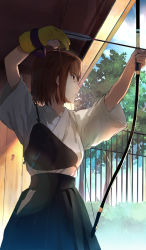 Rule 34 | 1girl, aiming, archery, arrow (projectile), bad id, bad pixiv id, bow (weapon), brown eyes, brown hair, fate/grand order, fate/stay night, fate (series), fence, gloves, highres, kinutakouji, looking away, mitsuzuri ayako, muneate, official art, outdoors, partially fingerless gloves, partly fingerless gloves, short hair, single glove, solo, weapon, yugake