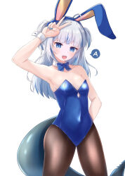 Rule 34 | 1girl, absurdres, animal ears, black pantyhose, blue bow, blue bowtie, blue eyes, blue hair, blue leotard, bow, bowtie, covered navel, cowboy shot, detached collar, fins, fish tail, gawr gura, grey hair, highres, hololive, hololive english, leotard, multicolored hair, pantyhose, playboy bunny, rabbit ears, shark girl, shark tail, sharp teeth, simple background, solo, strapless, strapless leotard, streaked hair, suzuka (suzukawu), tail, teeth, two side up, v, virtual youtuber, white background, wrist cuffs
