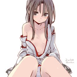 Rule 34 | 10s, 1girl, amagai tarou, blush, brown eyes, brown hair, character name, collarbone, flat chest, hair censor, japanese clothes, kantai collection, long hair, looking at viewer, off shoulder, open clothes, open shirt, shirt, simple background, sitting, solo, twitter username, white background, zuihou (kancolle)