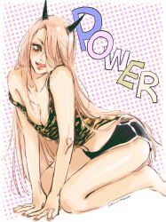 Rule 34 | 1girl, breasts, chainsaw man, cleavage, fingernails, halloweeeen, highres, horns, kneeling, lips, long hair, midriff, one eye covered, open mouth, pink hair, power (chainsaw man), red eyes, shorts, shoulder strap, solo, strap slip, tank top, thighs, tongue, tongue out, unusual pupils