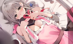 Rule 34 | 1girl, apron, bare shoulders, blue ribbon, blush, box, breasts, cleavage, closed mouth, commentary request, from above, green eyes, grey sweater, hair ribbon, hands up, heart-shaped box, highres, hololive, large breasts, long sleeves, looking at viewer, lying, medium hair, niii (memstapak), off shoulder, on back, on bed, pillow, pink apron, pink ribbon, ribbon, shirogane noel, silver hair, smile, solo, sweater, upper body, virtual youtuber