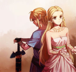 Rule 34 | 1boy, 1girl, back-to-back, bare shoulders, blonde hair, blue shirt, breasts, closed mouth, collarbone, commentary request, dress, earrings, frown, gloves, hands on hilt, hands up, holding, holding sword, holding weapon, jewelry, layered sleeves, link, long hair, long sleeves, looking at viewer, looking down, master sword, neck, necklace, nintendo, ninto, pointy ears, ponytail, princess zelda, serious, sheath, sheathed, shirt, short hair, short over long sleeves, short sleeves, small breasts, standing, strapless, strapless dress, sword, the legend of zelda, the legend of zelda: breath of the wild, tunic, weapon, white dress