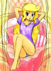 Rule 34 | 1girl, absurdres, bed, blonde hair, blue eyes, blush, commentary, curtains, earrings, highres, i am jemboy, jewelry, long hair, pillow, reclining, solo, tsunderella (i am jemboy)