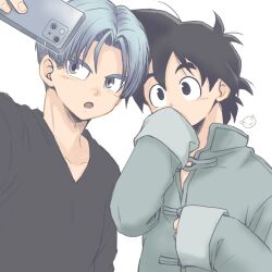Rule 34 | 2boys, ayata 1010, bishounen, black eyes, black hair, black shirt, blue eyes, blue hair, cellphone, chinese clothes, commentary, commentary request, couple, dougi, dragon ball, dragon ball super, highres, holding, holding phone, long sleeves, looking at phone, male focus, multiple boys, open mouth, phone, shirt, short hair, simple background, smartphone, smile, son goten, spiked hair, trunks (dragon ball), white background, yaoi