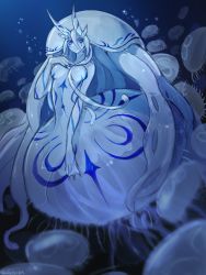 Rule 34 | 1girl, air bubble, blue eyes, blue hair, blue skin, breasts, bubble, closed mouth, colored skin, hand on own chest, hand up, highres, horns, jellyfish, jellyfish girl, looking at viewer, medium breasts, original, ruteko (ruko220), solo, tentacle hair, underwater