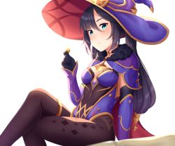 Rule 34 | 1girl, black pantyhose, blue eyes, blush, breasts, coin, crossed legs, genshin impact, gloves, hat, highres, leotard, mona (genshin impact), mora (genshin impact), pantyhose, sitting, small breasts, solo, tiri, twintails, witch hat