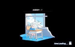 Rule 34 | 1girl, aoi thomas, arona (blue archive), black background, blue archive, blue hair, blue shirt, blue sky, blush stickers, chair, chibi, closed eyes, cloud, commentary request, day, desk, drooling, facing viewer, hair over one eye, hair ribbon, hairband, halo, long sleeves, mouth drool, multicolored hair, open mouth, pink hair, pleated skirt, puffy long sleeves, puffy sleeves, ribbon, school chair, school desk, shallow water, shirt, simple background, skirt, sky, solo, translation request, two-tone hair, water, white hairband, white ribbon, white skirt, window